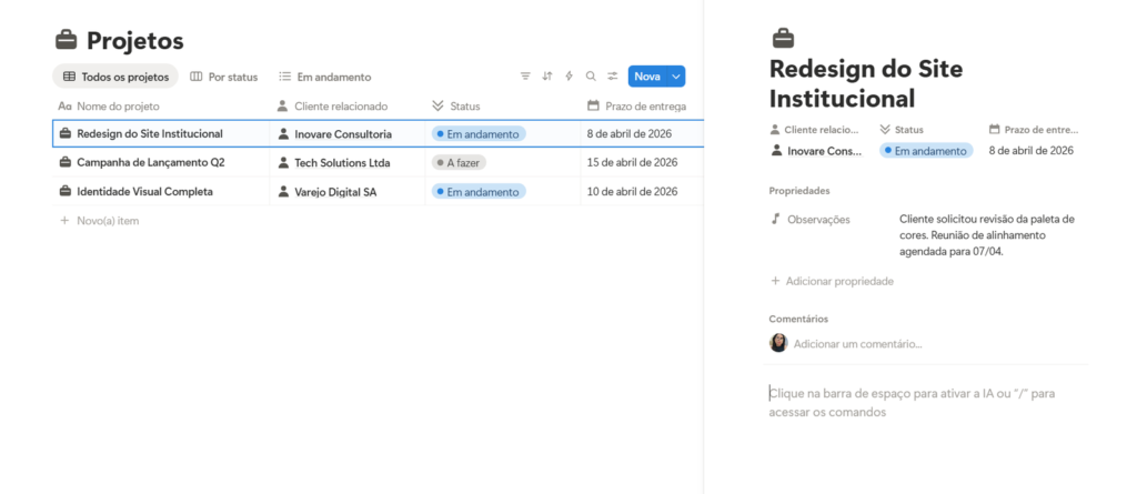 base de projetos no notion