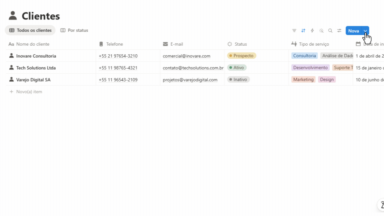 organização de projetos dos clientes no notion