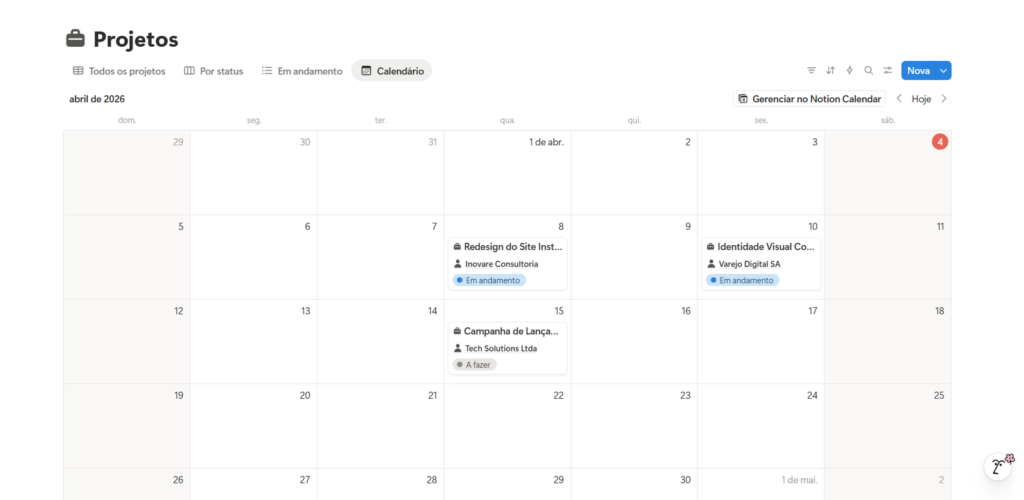 calendário de projetos no notion
